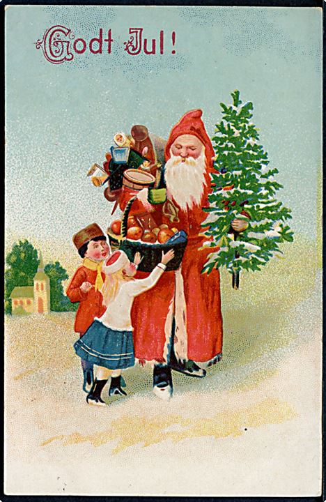 Julemand i rød købe deler gaver ud til 2 børn. Serie 1.