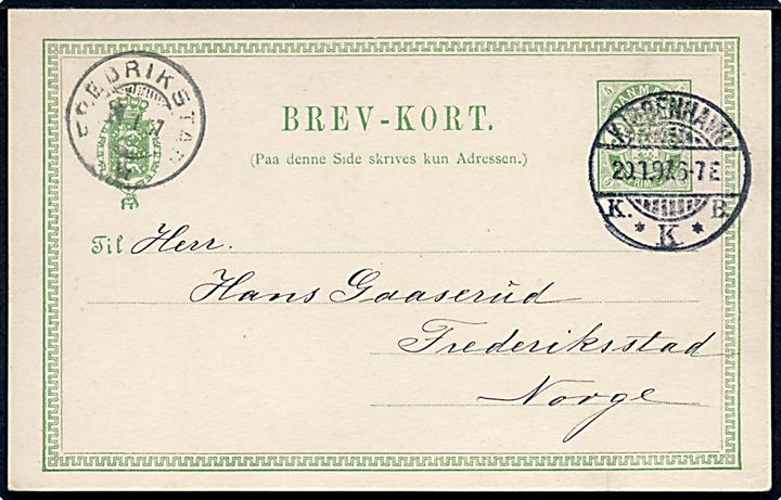5 øre Våben helsagsbrevkort med fortrykt meddelelse fra Kjøbenhavn d. 20.1.1897 til Frederiksstad, Norge.