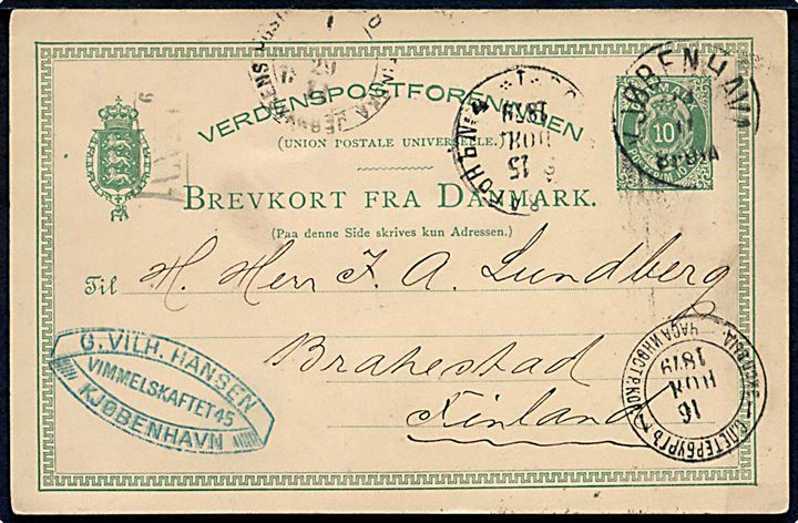 10 øre helsagsbrevkort fra Kjøbenhavn d. 24.11.1879via St. Petersborg og finsk bureau til Brahestad, Finland. 