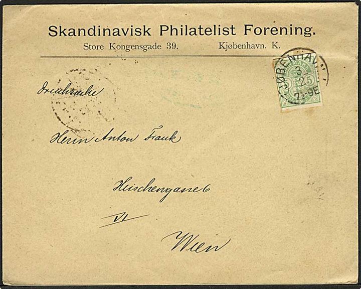 5 øre Våben helsagsafklip på tryksag fra Kjøbenhavn d. 3.2.1893 til Wien, Østrig.