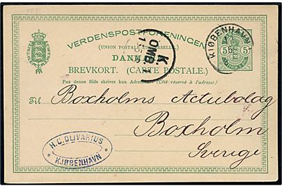 5 øre Våben helsagsbrevkort fra Kjøbenhavn d. 12.6.1888 til Boxholm, Sverige.