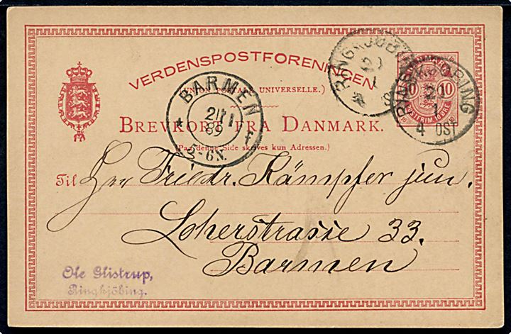 10 øre Våben små hj.tal helsagsbrevkort fra Ringkjøbing d. 20.1.1889 til Barmen, Tyskland.