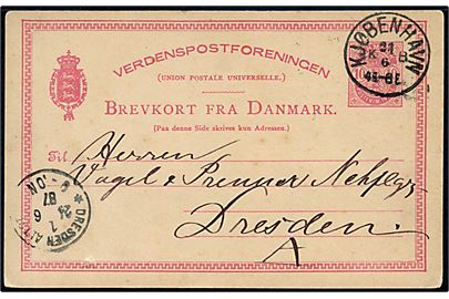 10 øre Våben små hj.tal anilin helsagsbrevkort fra Kjøbenhavn d. 23.6.1887 til Dresden, Tyskland.