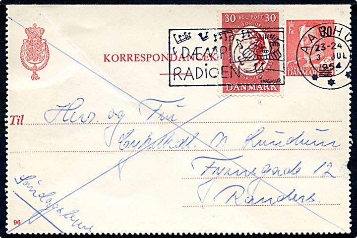 30/25 øre provisorisk helsags korrespondancekort (fabr. 96) opfrankeret med 30 øre Kunstakademiet sendt som søndagsbrev fra Aarhus d. 3.7.1954 til Randers. Fold.