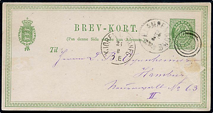 10 øre helsagsbrevkort annulleret med svagt nr.stempel 121 og sidestemplet lapidar Klampenborg d. 26.8.1877 via Kjøbenhavn til Hamburg, Tyskland. Skramme.