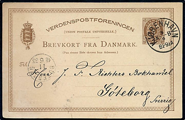 6 øre helsagsbrevkort fra Kjøbenhavn d. 9.6.1883 til Göteborg, Sverige.