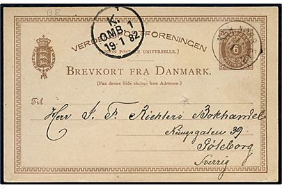 6 øre helsagsbrevkort annulleret med lapidar KBH.NØRB.EXP. d. 19.1.1882 til Göteborg, Sverige.