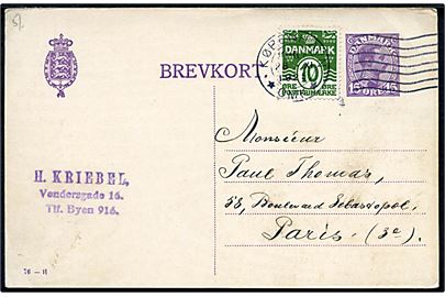 15 øre Chr. X helsagsbrevkort (fabr. 76-H) opfrankeret med 10 øre Bølgelinie fra København d. 28.11.1925 til Paris, Frankrig.