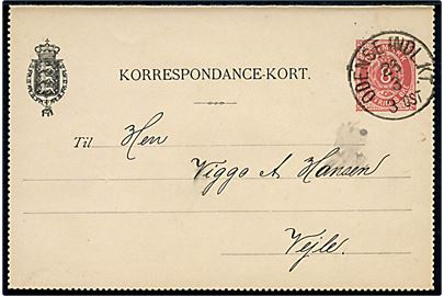 8 øre helsags korrespondancekort annulleret lapidar Odense INDL. KT. d. 26.3.1889 til Vejle.
