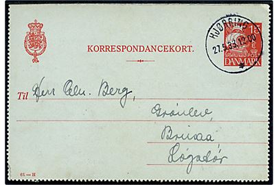 15 øre Karavel helsags korrespondancekort annulleret med brotype IIIc Hjørring * d. 27.5.1933 til Løgstør.