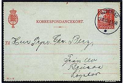 15 øre Karavel helsags korrespondancekort annulleret med brotype IIIc Hjørring * d. 27.12.1933 til Løgstør.