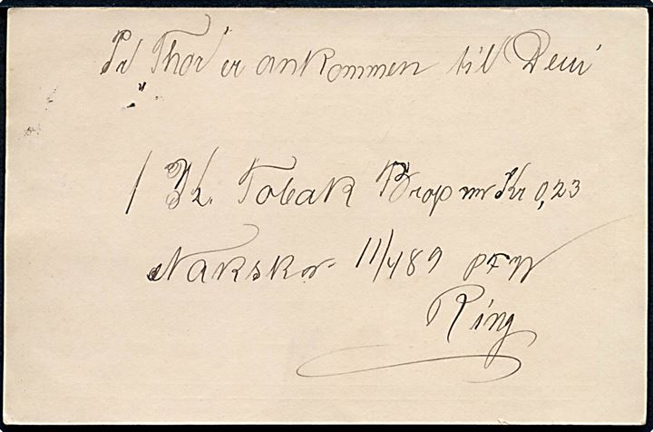5 øre Våben små hj.tal helsagsbrevkort anvendt som adviskort for gods ankommet med dampskibet Thor annulleret med lapidar Nakskov d. 11.4.1889 til Torrig. Kortet lidt løst.