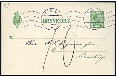5 øre Chr. X helsagsbrevkort med udelt forside sendt underfrankeret fra Aarhus d. 27.4.1921 til Vamdrup. Udtakseret i 10 øre porto.