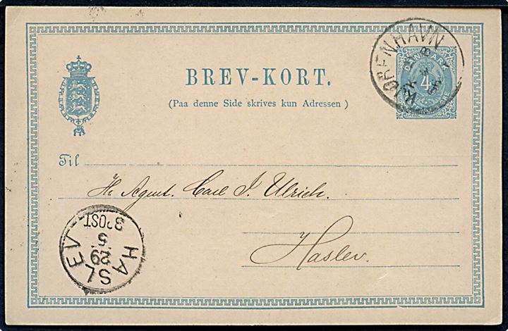 4 øre helsagsbrevkort sendt som tryksag fra Rosenborg Brøndanstalt i Kjøbenhavn d. 29.5.1886 til Haslev. Ank.stemplet med lapidar Haslev d. 29.5.1886.