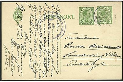 5 øre Chr. X helsagsbrevkort opfrankeret med 5 øre Chr. X fra Risskov 1917 til Sønderborg i Nordslesvig. Tysk censurstempel fra Flensburg.