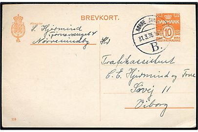 10 øre helsagsbrevkort (fabr. 118) annulleret med brotype Vc Nørre Sundby B. d. 31.3.1936 til Viborg. Sjældent stempel kun set i 1933 og 1936. Pr. 1.1.1936 ændrede postkontoret navn fra Nørre Sundby til Nørresundby.