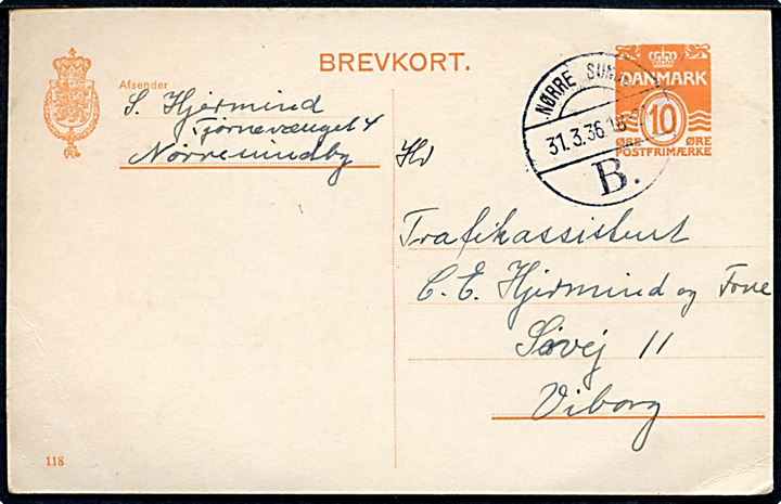 10 øre helsagsbrevkort (fabr. 118) annulleret med brotype Vc Nørre Sundby B. d. 31.3.1936 til Viborg. Sjældent stempel kun set i 1933 og 1936. Pr. 1.1.1936 ændrede postkontoret navn fra Nørre Sundby til Nørresundby.