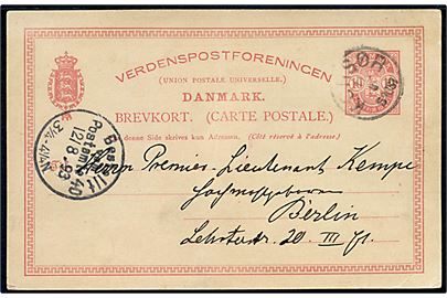 10 øre Våben - matricetype Åbent O - helsagsbrevkort annulleret med lapidar Korsør d. 11.8.1893 til Berlin, Tyskland.
