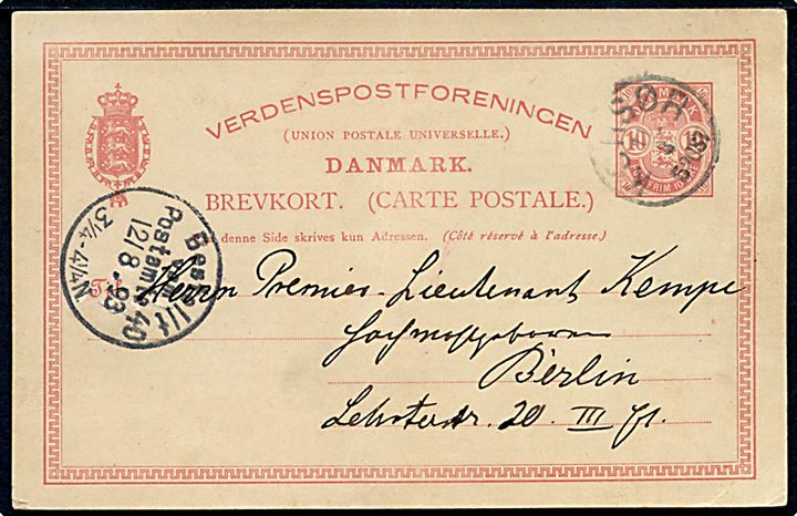 10 øre Våben - matricetype Åbent O - helsagsbrevkort annulleret med lapidar Korsør d. 11.8.1893 til Berlin, Tyskland.