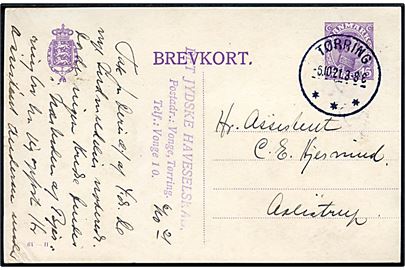 15 øre Chr. X helsagsbrevkort (fabr. 64-H) annulleret med brotype IIIb Tørring d. 5.10.1921 til Aalestrup.