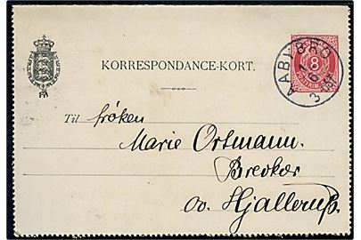 8 øre helsagsbrevkort med indhold dateret i Jetsmark annulleret lapidar Aabybro d. 1.6.1900 til Hjallerup. Jetsmark havde eget revsamlingssted fra 1877-1913, men først stjernestempel fra 1909.
