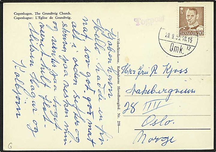20 øre Fr. IX på brevkort fra København d. 28.9.1955 og sidestemplet Togpost til Oslo, Norge.
