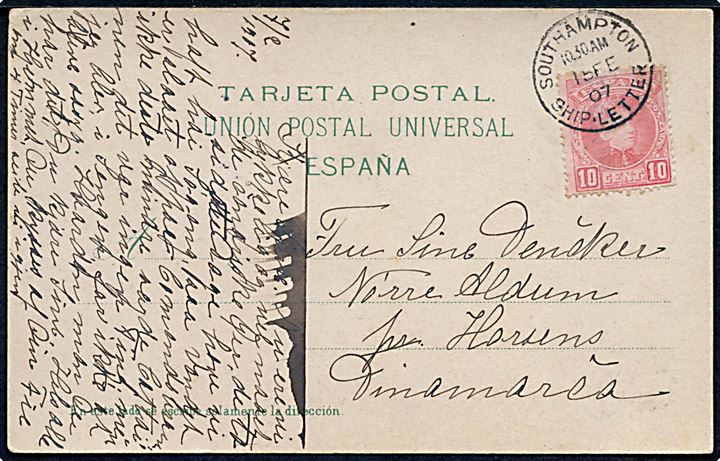 10 cts. på brevkort fra de kanariske øer annulleret med britisk skibsstempel Southampton Ship-Letter d. 15.2.1907 til Horsens, Danmark.