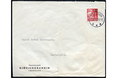 20/15 øre Provisorium på fortrykt kuvert fra bank i Thorshavn d. 3.12.1940 til Saltangara. Lodret fold.
