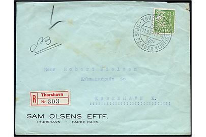 40 øre Karavel single på anbefalet brev annulleret med klipfisk stempel i Thorshavn d. 11.9.1937 til København.  