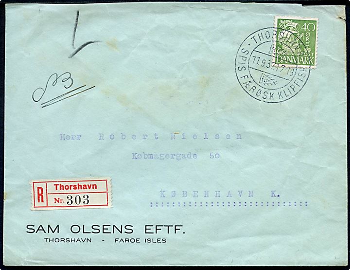 40 øre Karavel single på anbefalet brev annulleret med klipfisk stempel i Thorshavn d. 11.9.1937 til København.  