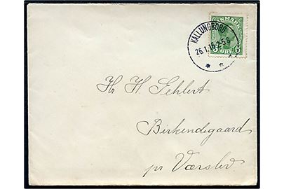 5 øre Chr. X single på lokalbrev annulleret med brotype IIIb Kallundborg d. 26.1.1916 til Birkendegaard pr. Værslev.