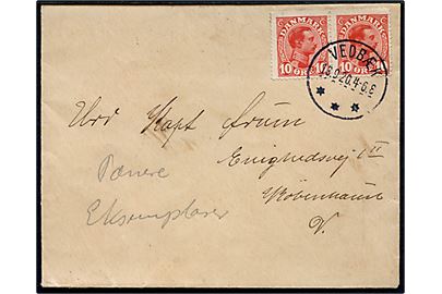 10 øre Chr. X i parstykke på brev annulleret med brotype IIIb Vedbæk d. 13.9.1920 til København.