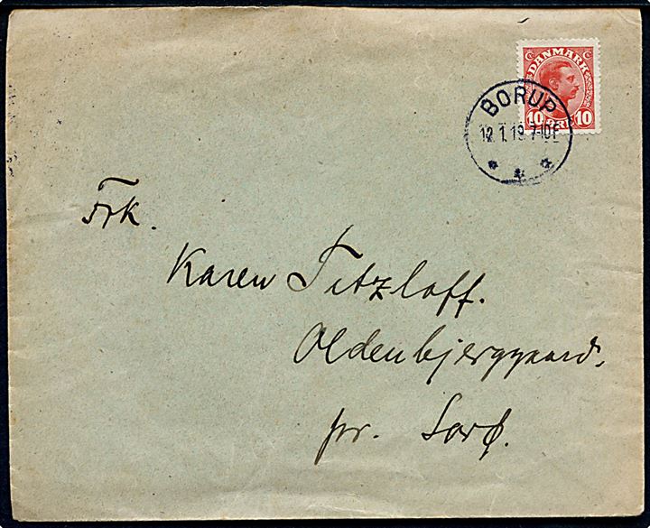 10 øre Chr. X på brev annulleret med brotype IIIb Borup d. 12.1.1919 til Oldenbjerggaard pr. Sorø.