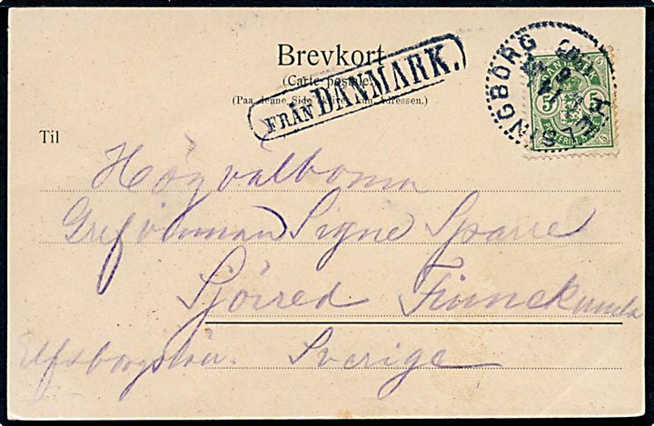 5 øre Våben på brevkort fra Helsingør (Kronborg) annulleret med svensk stempel i Helsingborg d. 14.6.1906 og sidestemplet Från Danmark til Sjöred, Sverige.