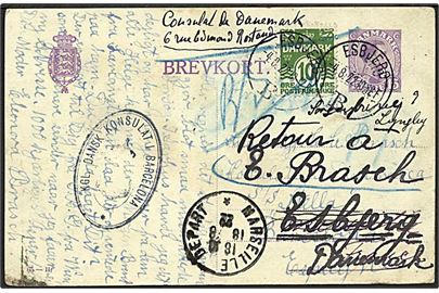 15 øre Chr. X helsagsbrevkort (frabr. 65-H) opfrankeret med 10 øre Bølgelinie stemplet Esbjerg B. d. 4.8.1922 til S/S Stella c/o danske konsulat i Barcelona, Spanien - eftersendt til Marseille og Lyngby.