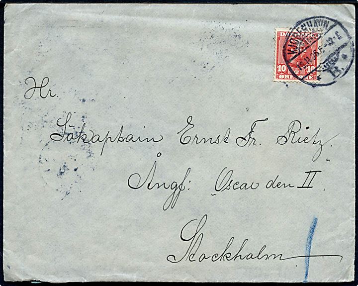 10 øre Chr. IX på brev fra Kjøbenhavn d. 18.11.1906 til Sökaptain Ernst Fr. Rietz ombord på Ångf. Oscar den II i Stockholm., Sverige. 