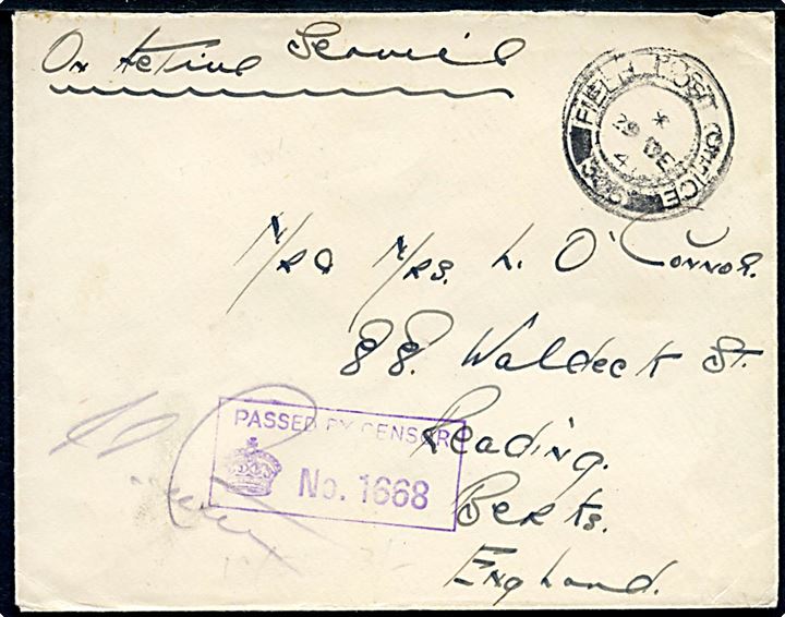 Ufrankeret britisk OAS feltpostbrev stemplet Field Post Office 306 (= Reykjavik) d. 29.12.1941 til Reading, England. Violet unit censor: Passed by Censor no. 1668.