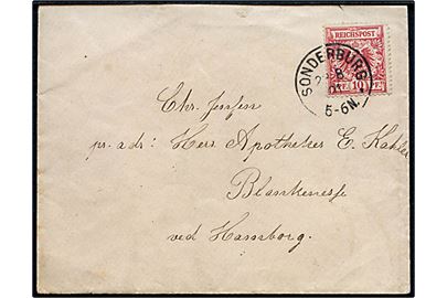 10 pfg. Adler på brev annulleret med enringsstempel Sonderburg ** d. 28.8.1891 til Blankenese ved Hamburg.
