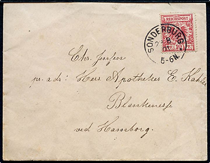 10 pfg. Adler på brev annulleret med enringsstempel Sonderburg ** d. 28.8.1891 til Blankenese ved Hamburg.