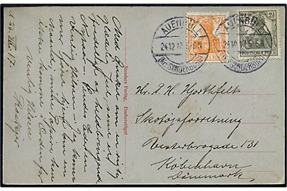 2½ pfg. og 7½ pfg. Germania på brevkort annulleret Auenbüll (Kr. Sonderburg) d. 24.12.1917 til København.