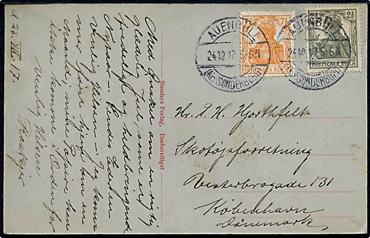 2½ pfg. og 7½ pfg. Germania på brevkort annulleret Auenbüll (Kr. Sonderburg) d. 24.12.1917 til København.
