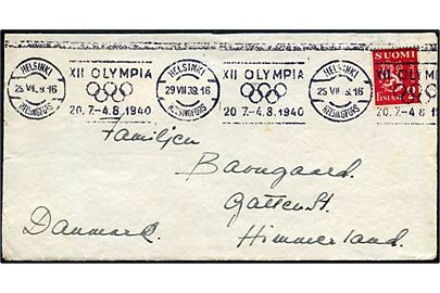2 mk. Løve på brev annulleret med TMS XII Olympia 20.7.-4.8.1940/Helsinki d. 29.7.1939 til Gatten St., Himmerland, Danmark. De olympiske sommerlege i Finland 1940 blev aflyst på krigen.