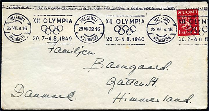 2 mk. Løve på brev annulleret med TMS XII Olympia 20.7.-4.8.1940/Helsinki d. 29.7.1939 til Gatten St., Himmerland, Danmark. De olympiske sommerlege i Finland 1940 blev aflyst på krigen.