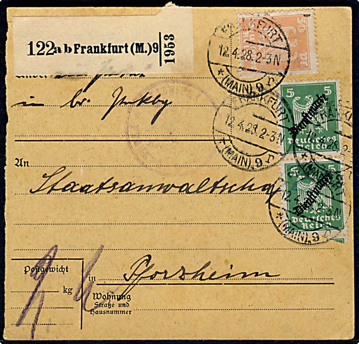 5 pfg. Dienstmarke provisorium i parstykke og 50 pfg. Adler på blandingsfrankeret adressekort for tjenestepakke fra Frankfurt d. 12.4.1928 til Pforzheim.