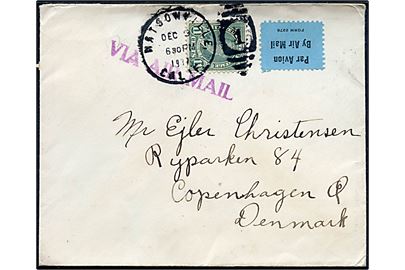 11 cents Hayes single på luftpostbrev fra Watsonville d. 9.12.1937 til København, Danmark. 11 cents = 5 cents udlandsbrev + 3 cents indenrigs luftposttillæg + 3 cents luftposttillæg i Europa.