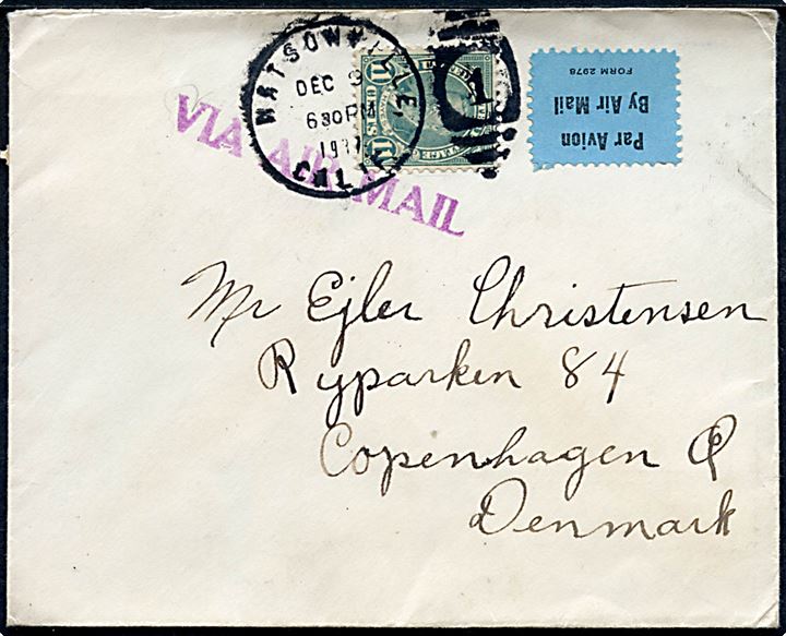 11 cents Hayes single på luftpostbrev fra Watsonville d. 9.12.1937 til København, Danmark. 11 cents = 5 cents udlandsbrev + 3 cents indenrigs luftposttillæg + 3 cents luftposttillæg i Europa.