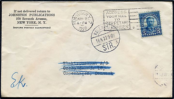5 cents Roosevelt med perfin A.B. på firmakuvert fra Johnson Publications i New York d. 7.4.1927 til København, Danmark.