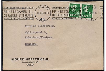 10 øre Løve i parstykke på brev annulleret med TMS Frihetsgaven til de faldnes etterlatte/Oslo Br. d. 26.3.1946 til København, Danmark.