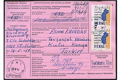 2 kr. Franz Berwald i parstykke på international postanvisning fra Stockholm d. 14.6.1969 til Tyrkiet.