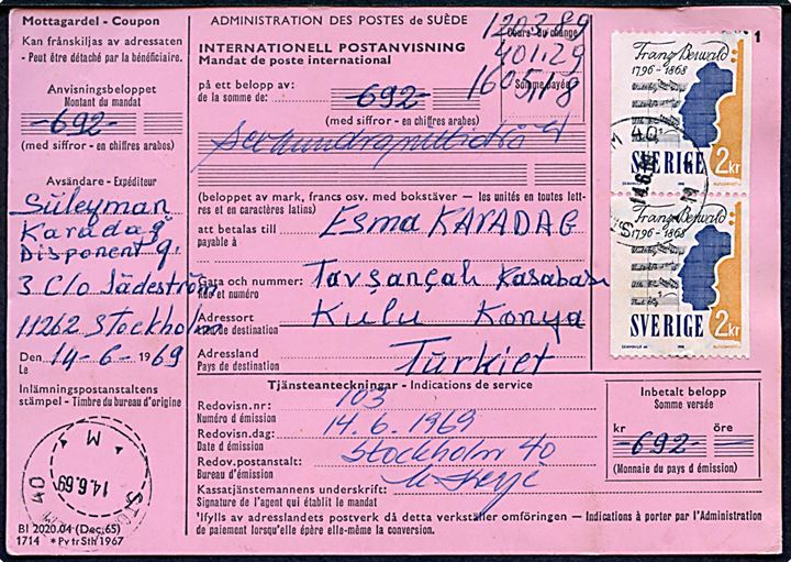 2 kr. Franz Berwald i parstykke på international postanvisning fra Stockholm d. 14.6.1969 til Tyrkiet.